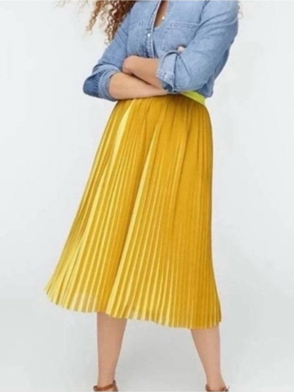 J.Crew Pleated midi skirt in peekaboo stripe Size 10 Midi Poly Lined Yellow